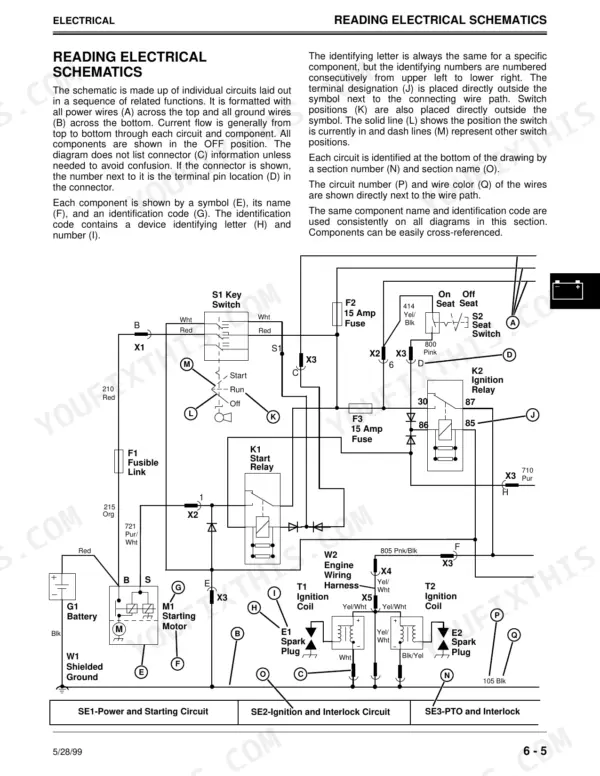 John Deere 325, 335, 345 electrical schematic showing key switch, ignition relay, starting motor, and ignition coils.