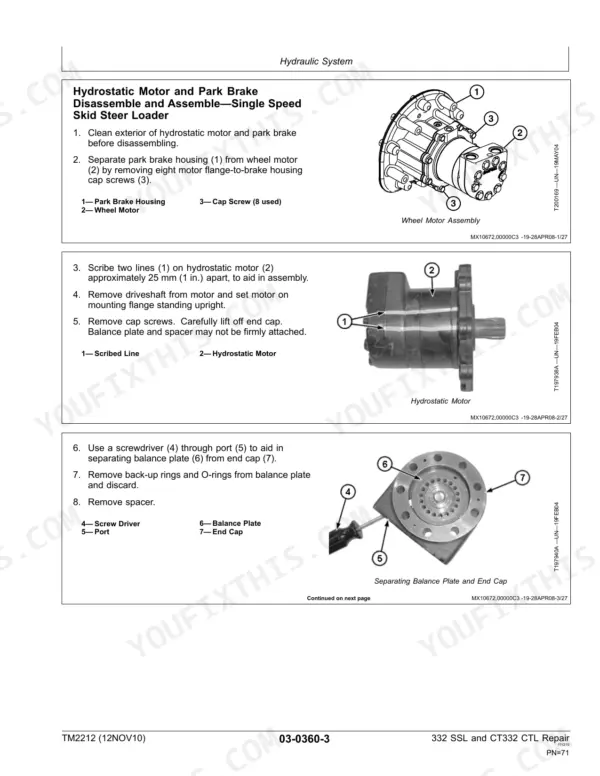 John Deere 332 Skid Steer Loader, CT332 Compact Track Loader: Disassembly procedure for hydrostatic motor and park brake.