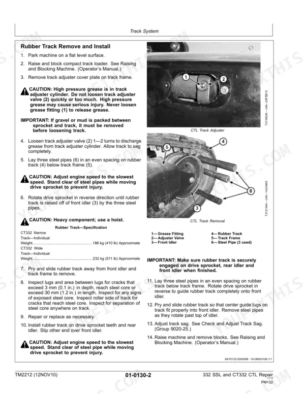 John Deere 332 Skid Steer Loader, CT332 Compact Track Loader rubber track removal and installation procedure steps.