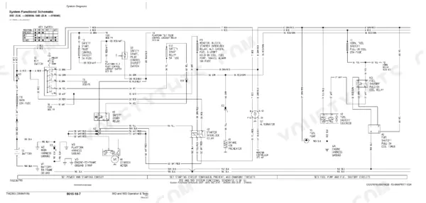 John Deere 35D, 50D Excavator functional wiring schematic for starting, charging, and fuel shutoff circuits.