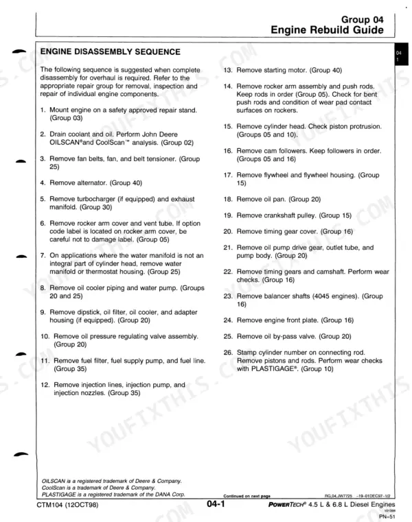 John Deere 4.5L, 6.8L, 4045, 6068 Diesel Engines engine disassembly sequence and overhaul procedure list.
