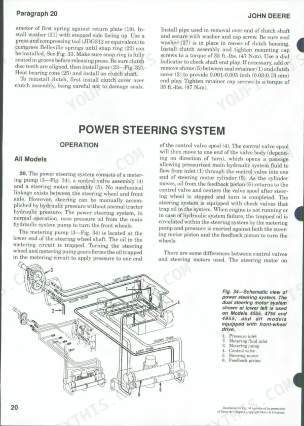 John Deere 4055, 4255, 4455, 4555, 4755, 4955 power steering system operation, schematic diagram, and clutch assembly procedures.