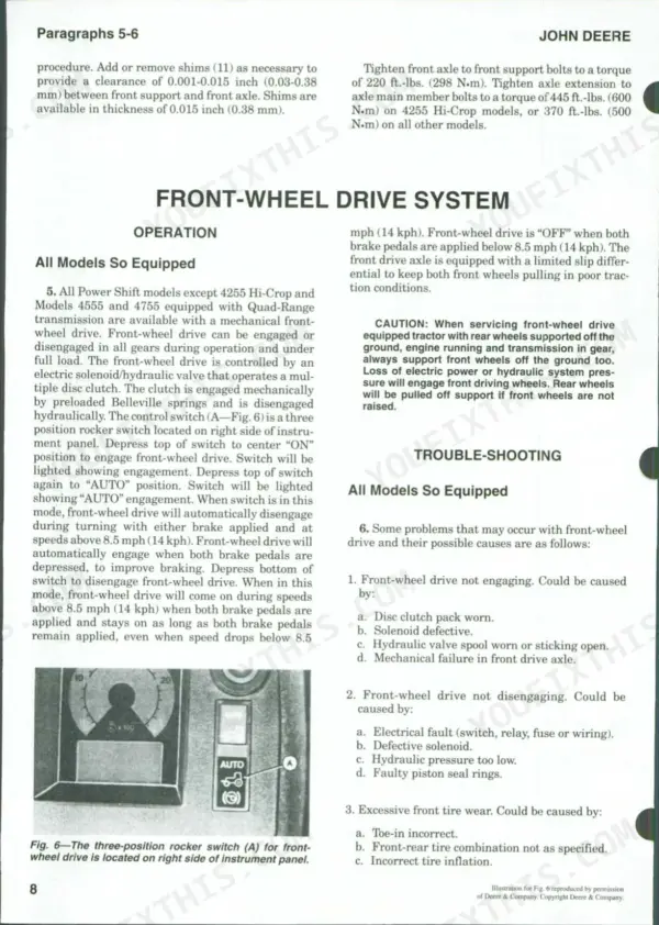 John Deere 4055, 4255, 4455, 4555, 4755, 4955 front-wheel drive system operation, torque specs, and troubleshooting guide.