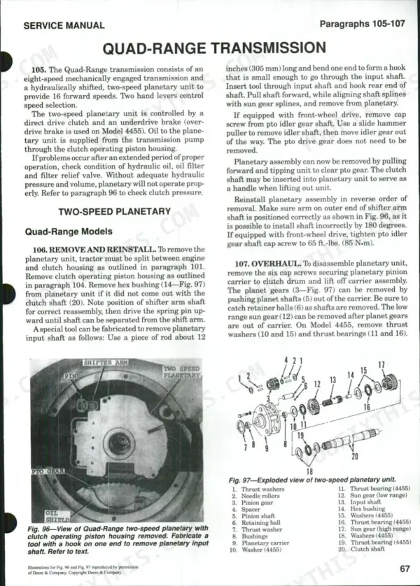 John Deere 4055, 4255, 4455, 4555, 4755, 4955 Quad-Range transmission planetary unit removal, overhaul, and exploded view.