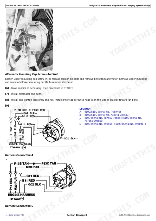 John Deere 410D, 510D alternator mounting procedure and wiring diagrams for charging system harness connections.