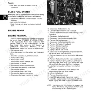 John Deere 4200, 4300, 4400 fuel system bleeding instructions and engine removal procedure steps.