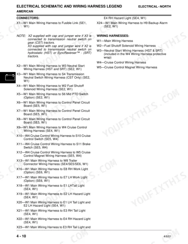 John Deere 4200, 4300, 4400 electrical schematic and wiring harness connector legend for main and cruise control harnesses.