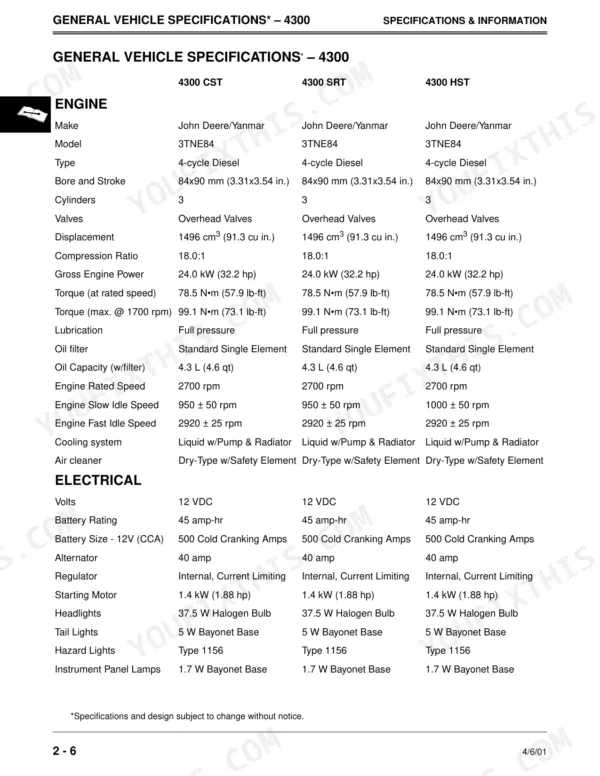 John Deere 4300 technical manual table showing engine and electrical system specifications for CST, SRT, and HST models.