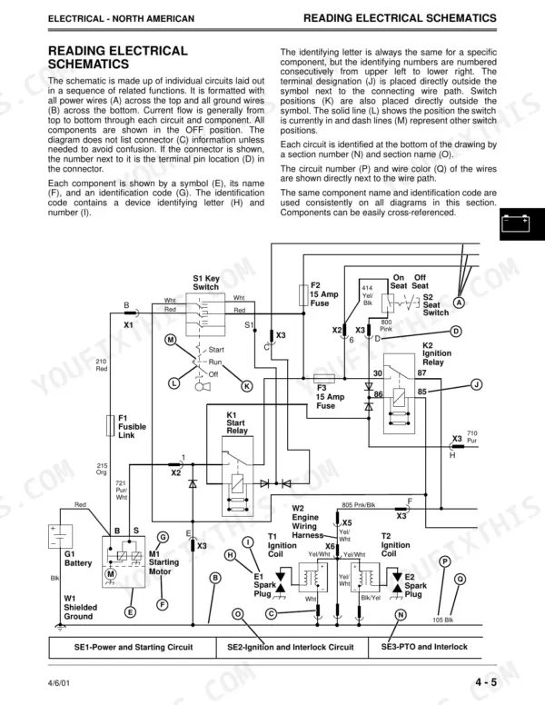 John Deere 4200, 4300, 4400 electrical schematic showing key switch, start relay, ignition relay, and battery circuits.