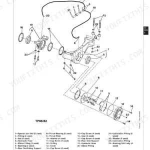 John Deere 444J, 544J, 624J Loader exploded view of rear oscillating support, thrust bearing, and hydraulic hose assembly.