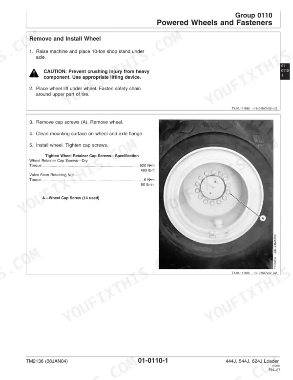 John Deere 444J, 544J, 624J Loader wheel removal and installation procedure with torque specifications for cap screws.