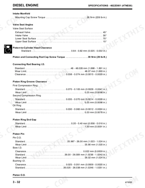 John Deere 4475, 5575, 6675, 7775 Yanmar 4TNE88 engine specifications with intake manifold torque and valve seat angles.