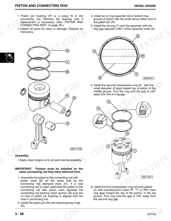 John Deere 4500, 4600, 4700 piston and connecting rod assembly procedure, ring installation, and exploded view diagram.