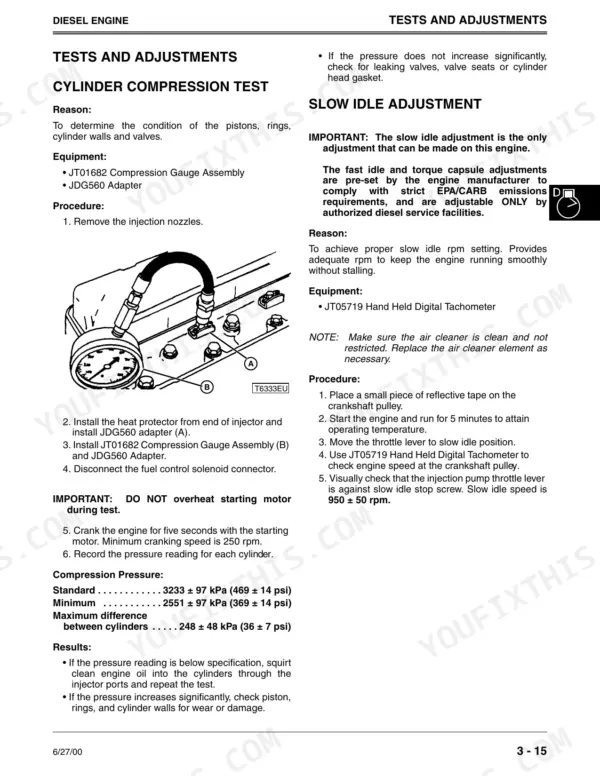 John Deere 4500, 4600, 4700 diesel engine cylinder compression test procedure and slow idle adjustment instructions.