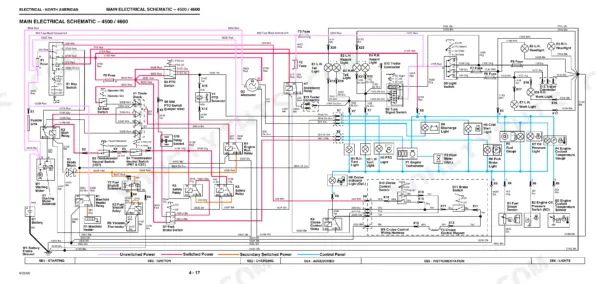 John Deere 4500, 4600, 4700 main electrical schematic diagram showing fuses, relays, switches, and lighting circuits.