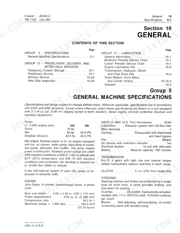 John Deere 450C Crawler technical manual section 10 general specifications, engine data, and lubrication service chart.