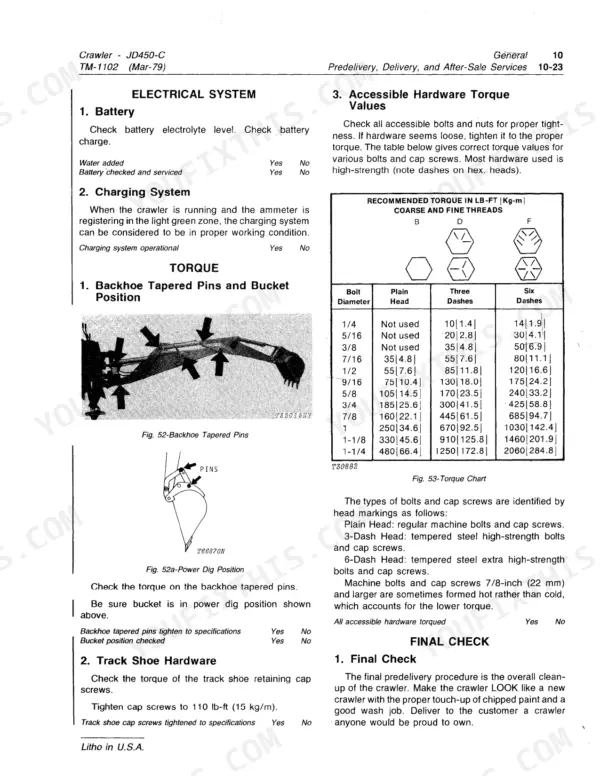 John Deere 450C Crawler torque chart for backhoe pins, track shoe hardware, and bolt head markings with recommended torque values.