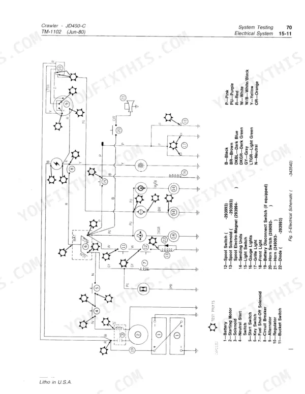 John Deere 450C Crawler electrical schematic showing battery, starter, solenoid, and lighting system wiring diagram.
