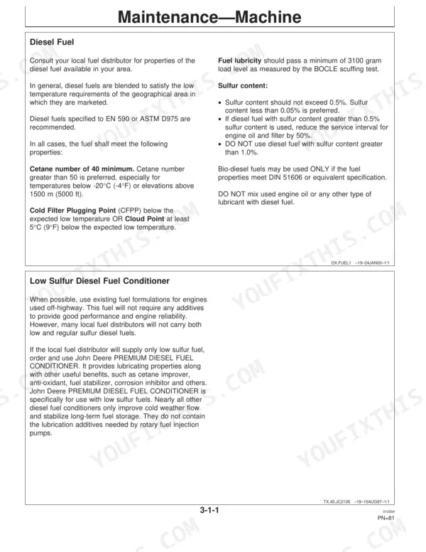 John Deere 450H, 550H, 650H maintenance manual page covering diesel fuel specifications, sulfur content, and fuel conditioner.