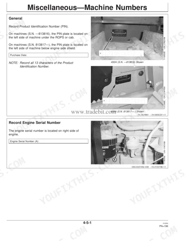 John Deere 450H, 550H, 650H machine serial number and engine serial number location guide with identification plate photos.