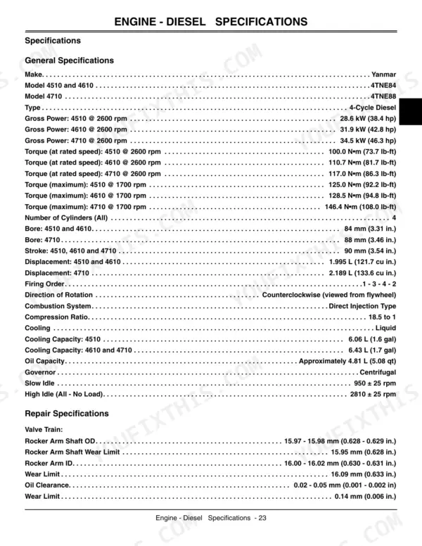 John Deere 4510, 4610, 4710 diesel engine general and repair specifications table including power, torque, and valve train.