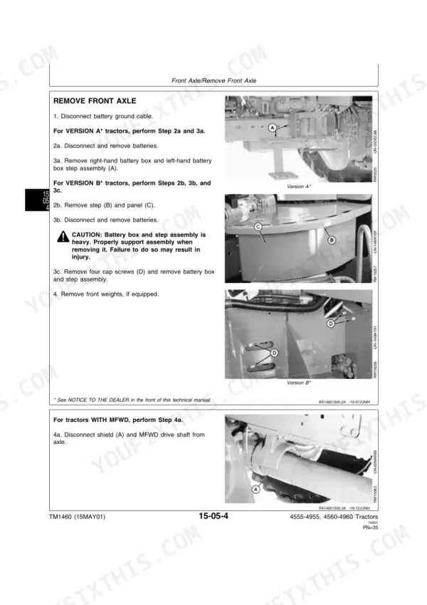 John Deere 4555, 4755, 4955, 4560, 4760, 4960 service manual procedures for removing the front axle and MFWD drive shaft.