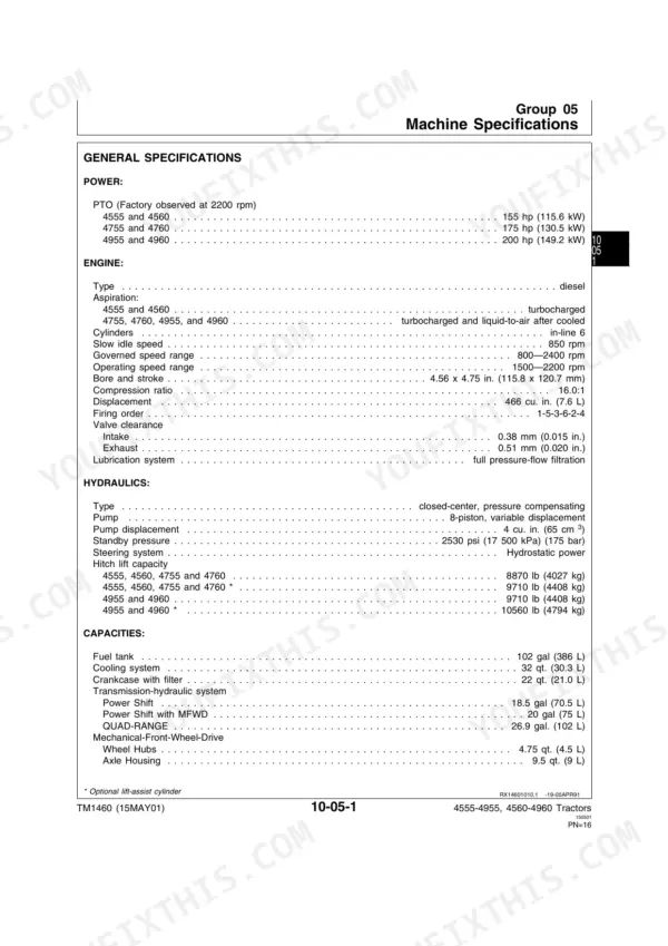 John Deere 4555, 4755, 4955, 4560, 4760, 4960 machine specifications table for engine, hydraulics, and fluid capacities.