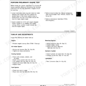 John Deere 4555, 4755, 4955, 4560, 4760, 4960 engine tune-up and adjustment procedures and preliminary test steps.