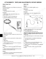 John Deere 4X2, 4X6 rotary broom stator output test and spark test procedures with diagrams for electrical diagnostics.