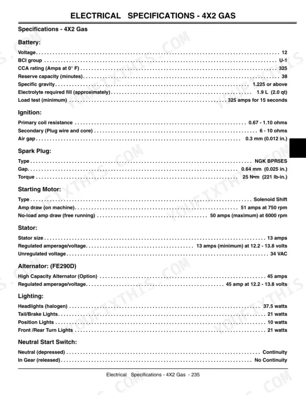 John Deere 4X2, 4X6 electrical specifications table for battery, ignition, spark plug, starter, stator, alternator, and lighting.