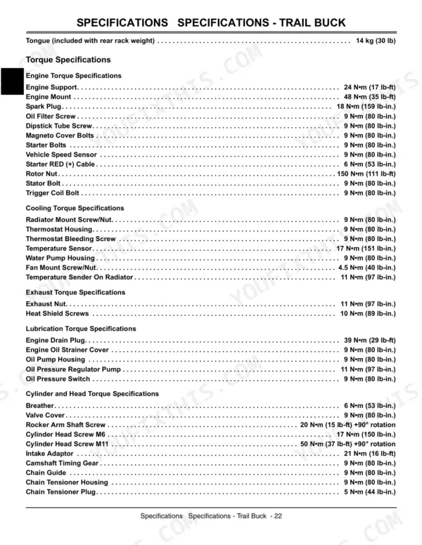 John Deere 500, 650, 650EX, 650EXT, Trail Buck Utility ATV torque specifications table for engine, cooling, exhaust, and head.