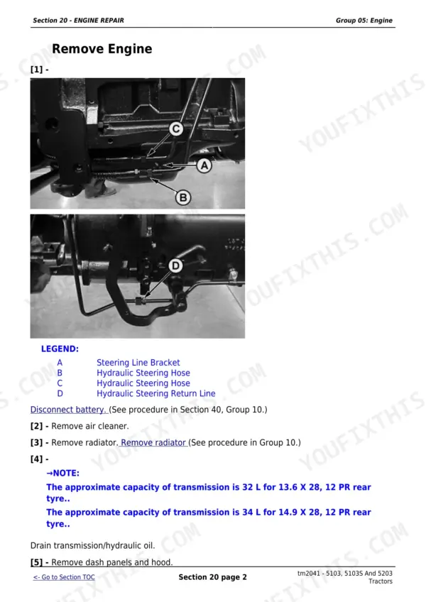 John Deere 5038D, 5103, 5103E, 5103S, 5104, 5203, 5204 engine removal procedure showing hydraulic steering line connections.