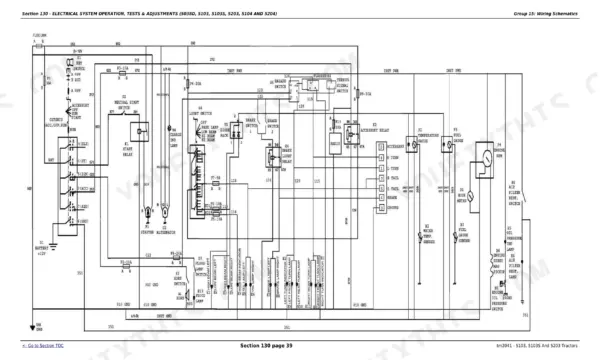 John Deere 5038D, 5103, 5103E, 5103S, 5104, 5203, 5204 electrical system wiring schematic diagram for lighting and gauges