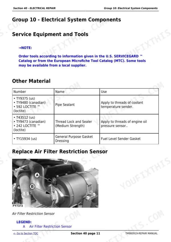John Deere 5055E, 5065E, 5075E electrical repair manual, showing sealant material table and air filter sensor replacement.