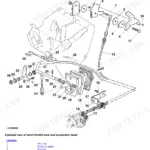 John Deere 5070M, 5080M, 5090M, 5100M exploded view diagram of hand throttle lever and accelerator pedal linkage components.