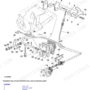John Deere 5070M, 5080M, 5090M, 5100M exploded view diagram of hand throttle lever and accelerator pedal linkage components.