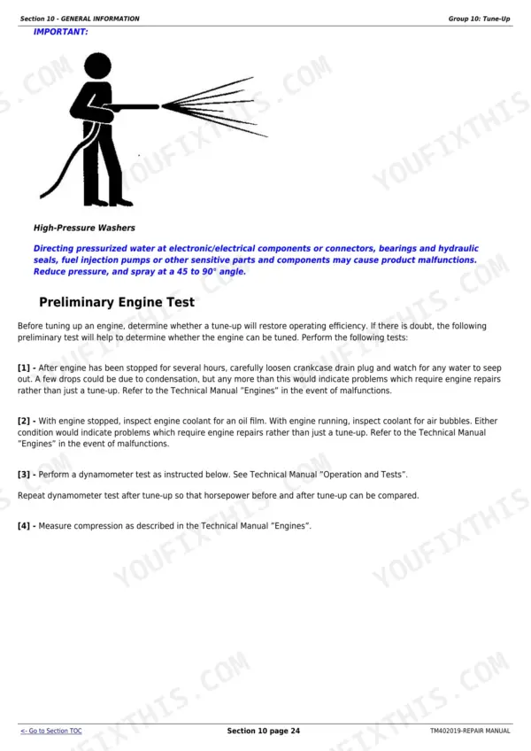 John Deere 5070M, 5080M, 5090M, 5100M manual page showing high-pressure washer safety warnings and preliminary engine test procedures.