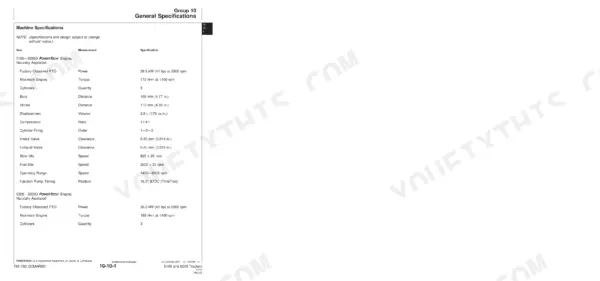 John Deere 5105, 5205 technical manual table showing PowerTech engine specifications, bore, stroke, and valve clearance.