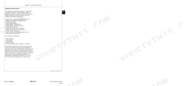 John Deere 5105, 5205 engine diagnostic information and symptom troubleshooting guide for engine performance issues.
