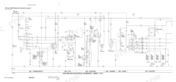 John Deere 5105, 5205 electrical schematic showing power supply, starting, charging, horn, and lighting circuits.