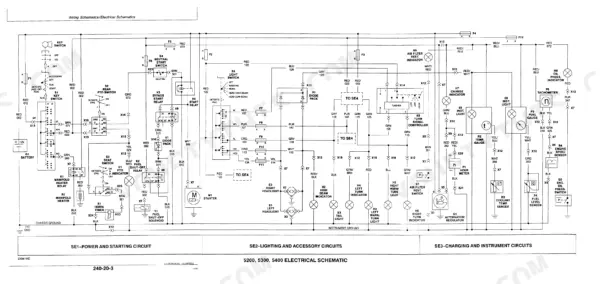 John Deere 5200, 5300, 5400, 5500 electrical wiring schematic showing power, starting, lighting, and instrument circuits.