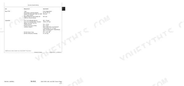 John Deere 5220, 5320, 5420, 5520 general specifications table for rear PTO and fluid capacities.