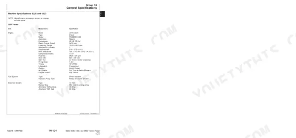 John Deere 5220, 5320, 5420, 5520 technical manual table showing 5220 tractor engine, fuel, and electrical specifications.