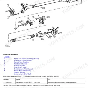 John Deere 544E, 544E LL, 544E TC, 624E, 644E exploded view of universal joint drive shaft and support bearing assembly.