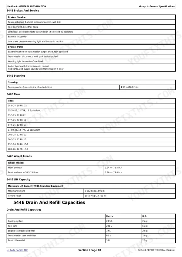 John Deere 544E, 544E LL, 544E TC, 624E, 644E specifications table for brakes, steering, tires, lift capacity, and fluid capacities.