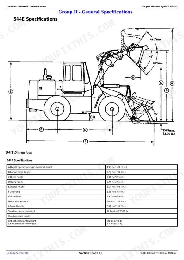 John Deere 544E, 544E LL, 544E TC, 624E, 644E loader dimension diagram and general specifications table.