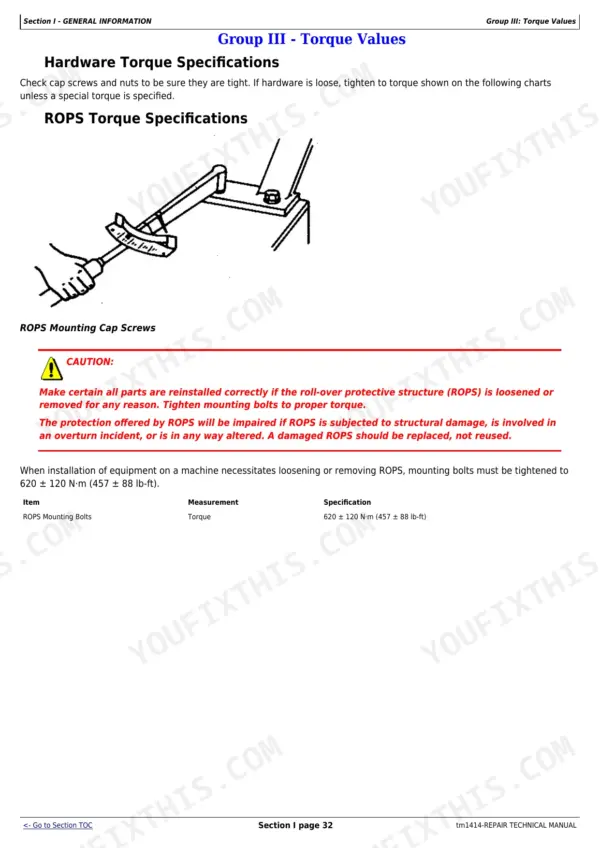 John Deere 544E, 544E LL, 544E TC, 624E, 644E ROPS mounting cap screw torque specifications and diagram.