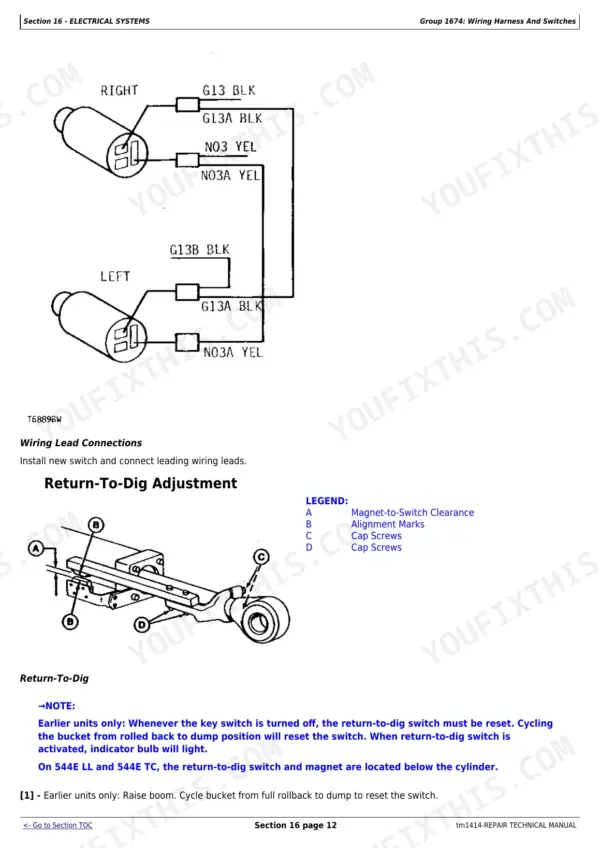 John Deere 544E, 544E LL, 544E TC, 624E, 644E wiring diagram for return-to-dig switch connections and adjustment procedure.