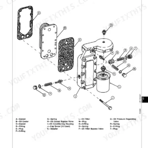John Deere 6076 exploded view of the lubrication system, oil filter, and oil conditioning housing assembly components.