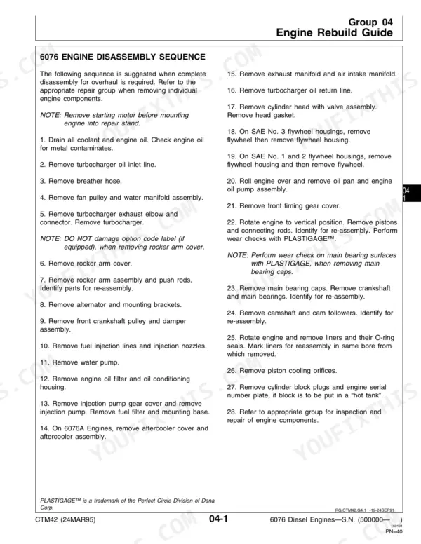 John Deere 6076 engine disassembly sequence steps 1-28 for complete engine overhaul and rebuild procedures.